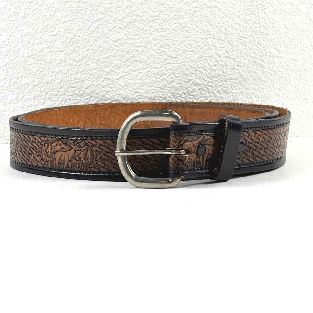 Tooled Leather Belt Mens 54- 61 Inch Brown Good Deer Wildlife Basketweave